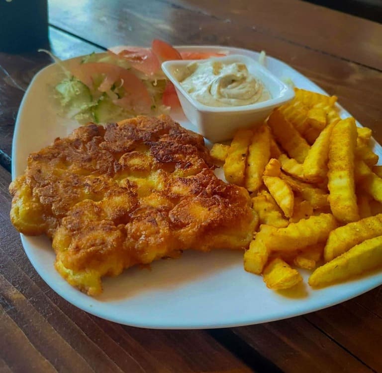 Vištienos karbonadas su fri bulvytėmis ir salotomis bei padažu